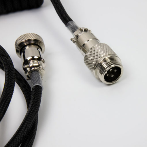 Black Coiled USB C cable with Aviator Connector Close Connector